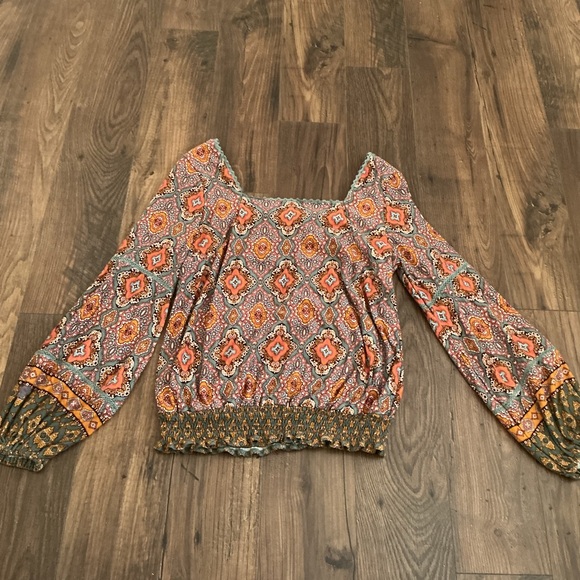 Democracy Boho Smocked Crop Top Peasant Blouse Festival Earthy Cottagecore S - Picture 5 of 5